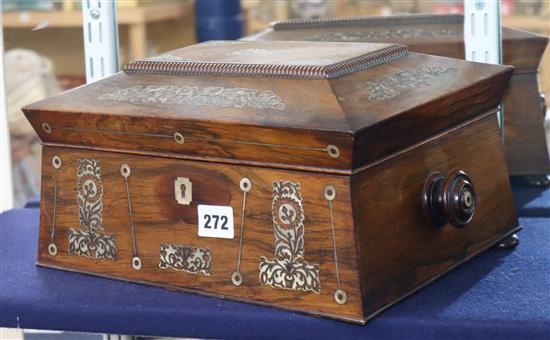 A William IV sarcophagus rosewood work box, inlaid with mother of pearl W 30cm (excluding handles)
